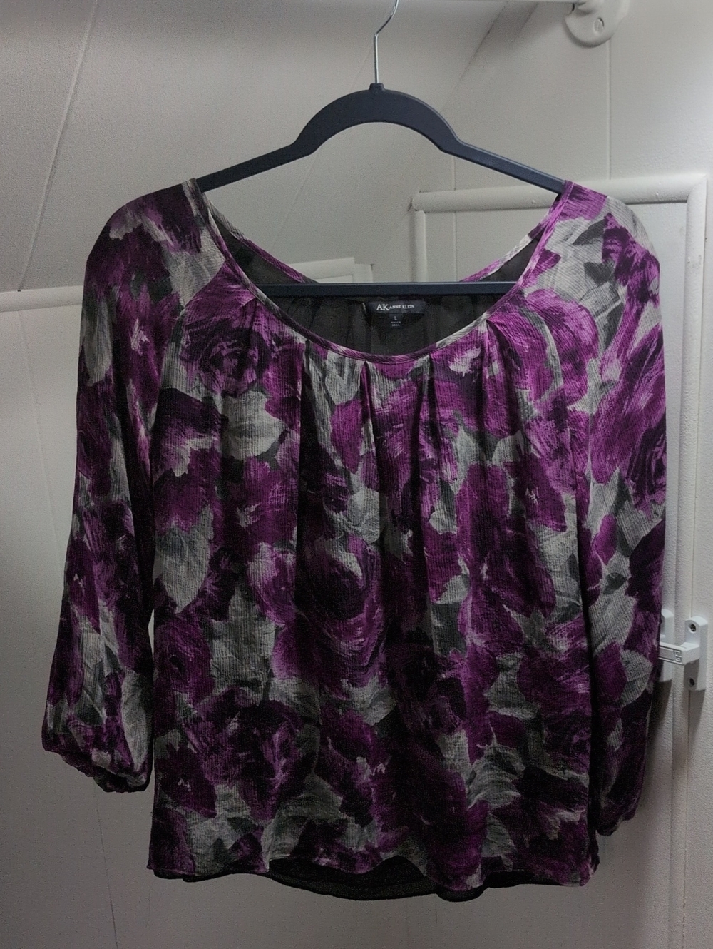 Anne Klein Purple and Gray Floral Pleated Scoop Neck Blouse